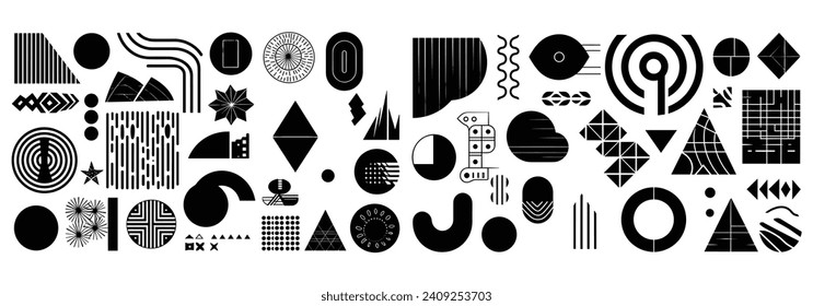 Abstract retro geometric shapes set, contemporary elements, 70s groovy style, brutalist design, figure collection, retro icons, doodle shapes, basic brutalism, geometric forms, retro shapes