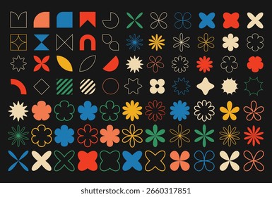 Conjunto de Formas geométricas retro Abstractas. Colección de Formas geométricas y Elementos. Etiqueta engomada de la forma básica del brutalismo de la figura contemporánea, flor, garabato en estilo groovy de los años 70.