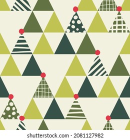 Abstract Retro Geometric Triangular Fir Trees Seamless Vector Pattern. Festive Colorful Background. Christmas Holiday Celebration Print Perfect for Wrapping Paper, Textiles