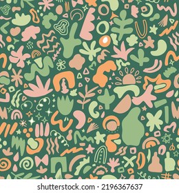 Abstract retro geometrical shapes seamless repeat pattern. Random placed, vector all over surface print on green background.