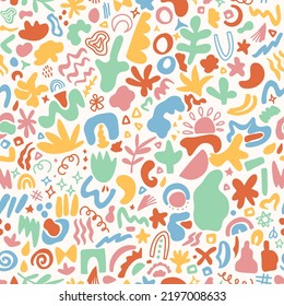 Abstract retro geometrical shapes seamless repeat pattern. Random placed, vector all over surface print on white background.