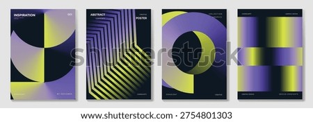 Abstract retro gradient poster vector set. Purple, yellow, and black geometric forms with optical lines for cover, banner, wallpaper, and graphic design.