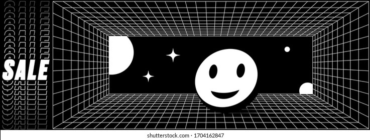 Abstrakter Retro-Gitter-Banner mit lächelnden 3D-Emoji und Perspektive-Vektorillustration-Gitter. Vektorillustration-Vorlage mit Verkaufstypografie und geometrischen Objekten. Modernes Design-Element in Schwarz-Weiß