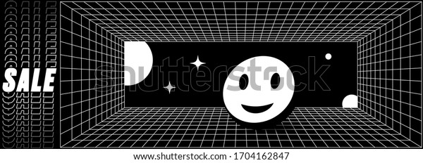 Abstract\
retro grid banner with smiling 3d emoji and perspective vector\
grid. Vector template with sale typography and geometric objects.\
Trendy modern design element in black and\
white