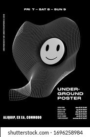 Abstract retro grid poster with smiling 3d emoji and distorted vector grid. Vector template with mesh effects in hooligan cartoon style. Trendy modern design element in black and white