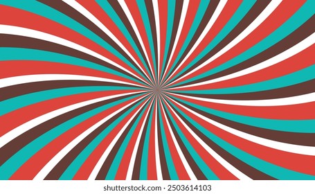 Abstract retro groovy colorful sunburst pattern striped twirl twisted 70s vintage background texture. Spiral radial vector in trendy retro psychedelic illustration. Grandma’s Attic color palettes