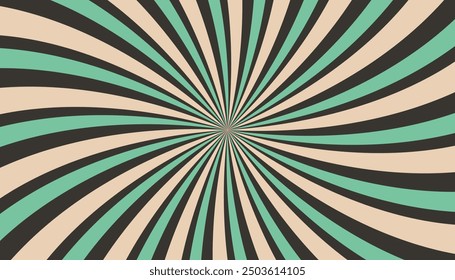 Abstract retro groovy colorful sunburst pattern striped twirl twisted 70s vintage background texture. Spiral radial vector in trendy retro psychedelic style illustration. Tape Deck color palettes