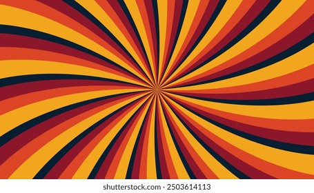 Abstract retro groovy colorful sunburst pattern striped twirl twisted 70s vintage background texture. Spiral radial vector in trendy retro psychedelic style illustration. 80s Colorslide color palettes