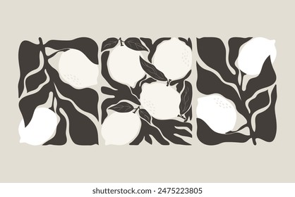 Abstractas póster de limones retro groovy. Moderno diseño de cítricos de estilo minimalista moderno para estampados de pared, en paleta de colores monocromo.