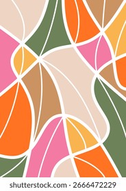 Abstractas patrón groovy retro con líneas blancas curvas que fluyen dividiendo Formas coloridas en naranja, rosa, verde, marrón, beige y amarillo, creando un diseño vibrante y dinámico.