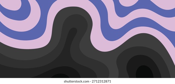 Abstractas retro groovy patrón remolinos de fondo estético diseño de Vector en color lila púrpura azul neón y negro oscuro colores monocromáticos