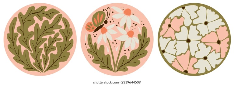 Abstract retro groovy posters with flowers. Three floral flat vector composition in round form. Suitable for decoration, posters, t shirt print, social media graphics, wall art, printout