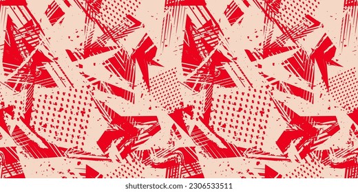 Abstract retro grunge seamless pattern. Urban art texture with paint splashes, chaotic shapes, lines, dots, patches. Sport graffiti style vector background. Red and beige color. Repeat sporty design