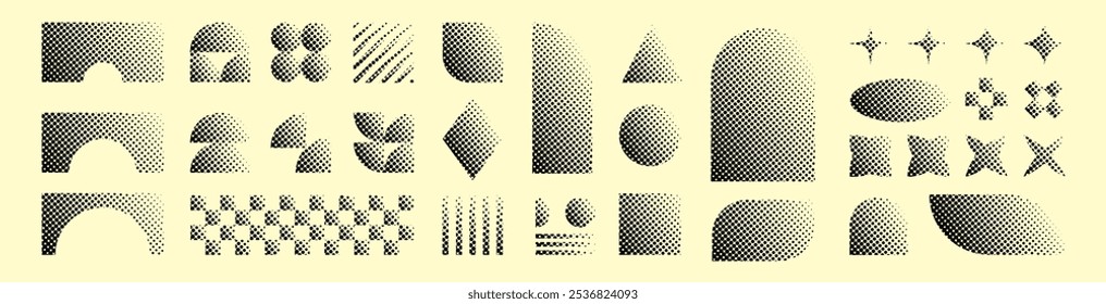 Formas de meio-tom retro abstrato, formas brutais básicas e figuras em estética Y2K, adesivos vintage, logotipos, rótulos com padrão pixelated de grão de pontos. Elementos decorativos de design, ilustração vetorial.