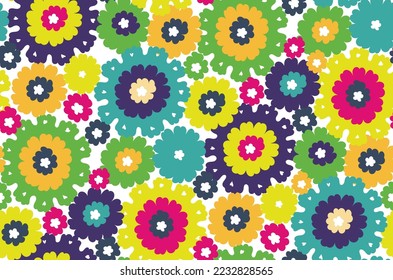 Abstract Retro Hand Drawn Vector Flowers Trendy Fashion Colors Hippie Style Seamless Pattern Perfect for Allover Fabric Print or Wrapping Paper Bright Green Blue Lime Green Tones