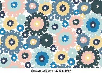Abstract Retro Hand Drawn Vector Flowers Trendy Fashion Colors Hippie Style Seamless Pattern Perfect for Allover Fabric Print or Wrapping Paper Gray Blue Yellow Tones