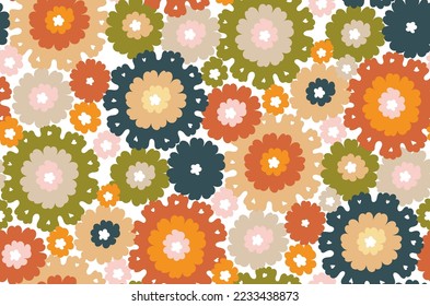 Abstract Retro Hand Drawn Vector Flowers Trendy Fashion Colors Hippie Style Seamless Pattern Perfect for Allover Fabric Print or Wrapping Paper Olive Green Amber Brown Tones