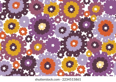 Abstract Retro Hand Drawn Vector Flowers Trendy Fashion Colors Hippie Style Seamless Pattern Perfect for Allover Fabric Print or Wrapping Paper Purple Yellow Orange Tones