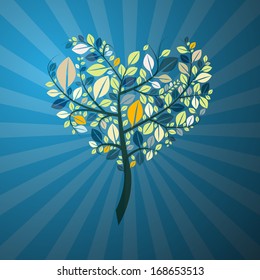 Abstract Retro Heart Shaped Tree on Blue Background