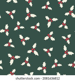 Abstract Retro Holly Leaves and Berries Seamless Vector Pattern. Festive Foliage Background. Christmas Holiday Celebration Print Perfect for Wrapping Paper, Textiles