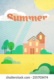 Abstract retro house, trees and clouds. Summer illustration 
