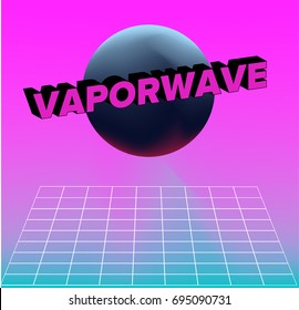 Abstract retro illustration in 80s style with  perspective laser grid on pink background and sphere with 3d text "Vaporwave" on it.