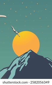 Abstract retro illustration art. Diving off springboard art. Futuristic concept vector art with mountain and nature and sunset. Contemporary and Surrealism illustration