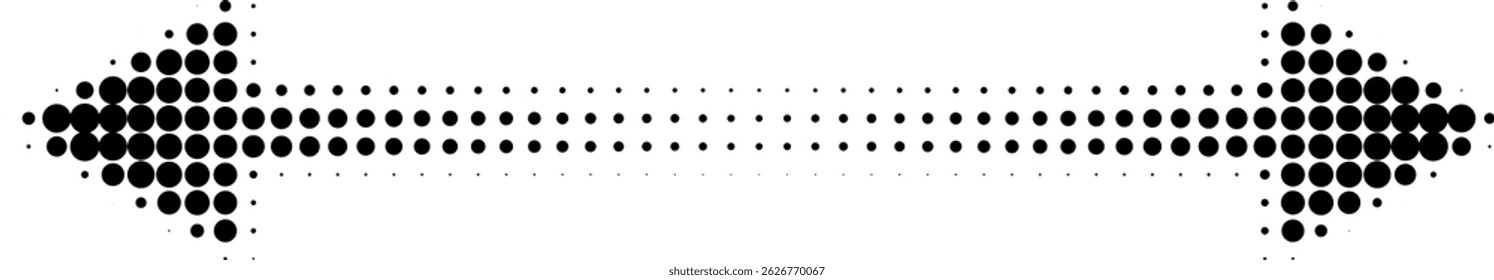 Abstract retro illustration of round halftone double sided arrow pointing left and right. Black circular dot pattern, geometric arrow shapes. Minimalistic, horizontal orientation, abstract design.