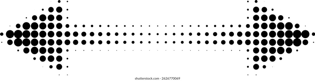 Abstract retro illustration of round halftone double sided arrow pointing left and right. Black circular dot pattern, geometric arrow shapes. Minimalistic, horizontal orientation, abstract design.