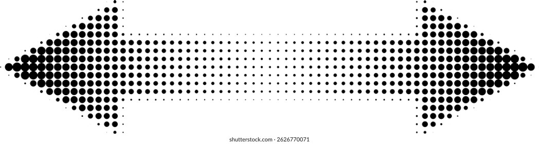 Ilustração retrô abstrata de meio-tom redondo seta dupla face apontando para a esquerda e para a direita. Padrão de ponto circular preto, formas de seta geométrica. Orientação horizontal minimalista, design abstrato.
