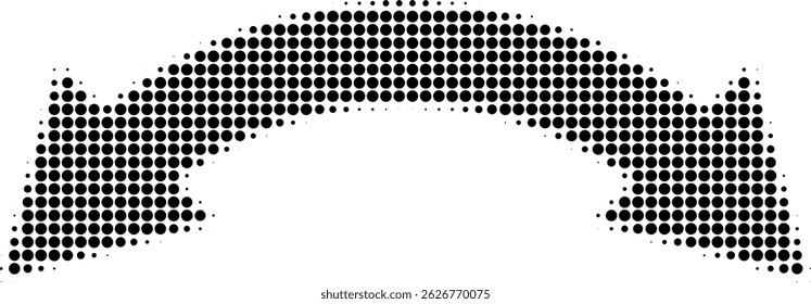 Abstract retro illustration of round halftone double sided arrow pointing left and right. Black circular dot pattern, geometric arrow shapes. Minimalistic, horizontal orientation, abstract design.