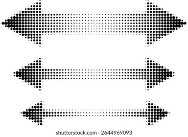 Abstract retro illustration of round halftone double sided arrows pointing left and right. Black circular dot pattern, geometric arrow shapes. Minimalistic, horizontal orientation, abstract design.