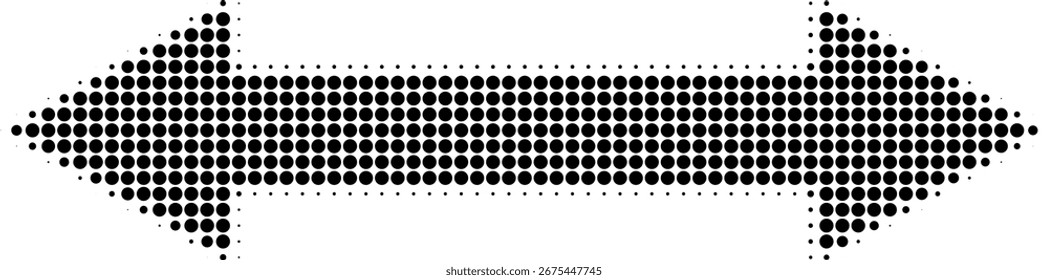 Ilustração retrô abstrata de meio-tom redondo seta dupla face apontando para a esquerda e para a direita. Padrão de ponto circular preto, formas de seta geométrica. Orientação horizontal minimalista, design abstrato.