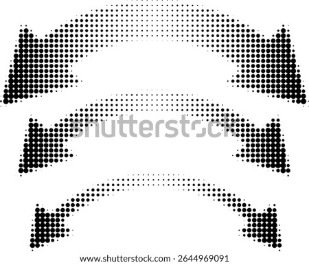 Abstract retro illustration of round halftone double sided arrows pointing left and right. Black circular dot pattern, geometric arrow shapes. Minimalistic, horizontal orientation, abstract design.