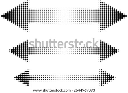 Abstract retro illustration of round halftone double sided arrows pointing left and right. Black circular dot pattern, geometric arrow shapes. Minimalistic, horizontal orientation, abstract design.