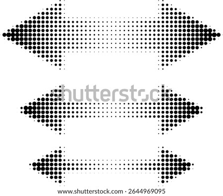 Abstract retro illustration of round halftone double sided arrows pointing left and right. Black circular dot pattern, geometric arrow shapes. Minimalistic, horizontal orientation, abstract design.