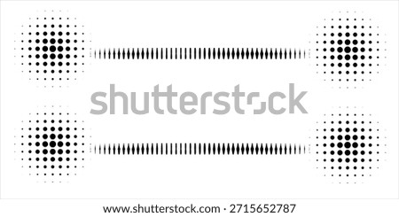 Abstract retro illustration of round halftone double sided arrow pointing left and right. Black circular dot pattern, geometric arrow shapes. Minimalistic, horizontal orientation, abstract design.