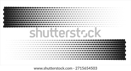 Abstract retro illustration of round halftone double sided arrow pointing left and right. Black circular dot pattern, geometric arrow shapes. Minimalistic, horizontal orientation, abstract design.