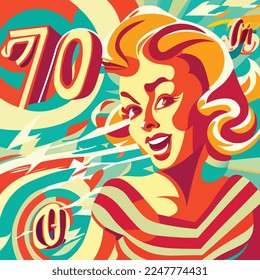 Abstract retro illustration of a smiling girl in the style of the 70's on a bright multicolored background