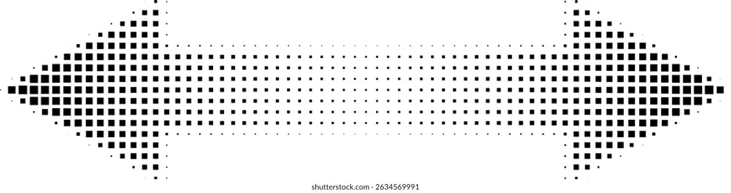 Abstrakte Retro-Illustration von quadratischen Halbton doppelseitigen Pfeil nach links und rechts. Schwarzes quadratisches Punktmuster, geometrische Pfeilform. Minimalistische, horizontale Ausrichtung, abstraktes Design.