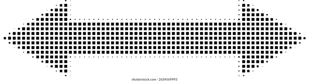 Abstract retro illustration of square halftone double sided arrow pointing left and right. Black square dot pattern, geometric arrow shape. Minimalistic, horizontal orientation, abstract design.