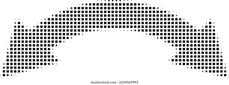 Abstract retro illustration of square halftone double sided arrow pointing left and right. Black square dot pattern, geometric arrow shape. Minimalistic, horizontal orientation, abstract design.