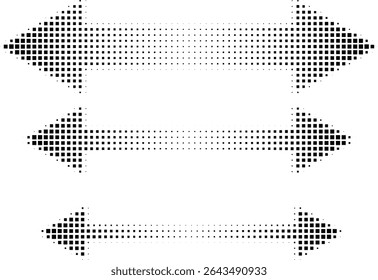Abstract retro illustration of square halftone double sided arrows pointing left and right. Black square dot pattern, geometric arrow shapes. Minimalistic, horizontal orientation, abstract design.