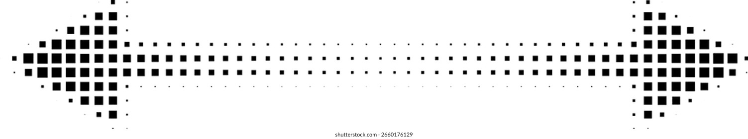 Ilustração retrô abstrata de meio-tom quadrado seta dupla face apontando para a esquerda e para a direita. Padrão de pontos quadrados pretos, forma de seta geométrica. Orientação horizontal minimalista, design abstrato.