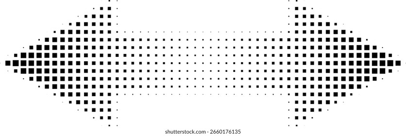 Ilustração retrô abstrata de meio-tom quadrado seta dupla face apontando para a esquerda e para a direita. Padrão de pontos quadrados pretos, forma de seta geométrica. Orientação horizontal minimalista, design abstrato.
