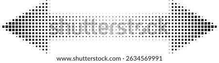 Abstract retro illustration of square halftone double sided arrow pointing left and right. Black square dot pattern, geometric arrow shape. Minimalistic, horizontal orientation, abstract design.