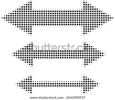 Abstract retro illustration of square halftone double sided arrows pointing left and right. Black square dot pattern, geometric arrow shapes. Minimalistic, horizontal orientation, abstract design.