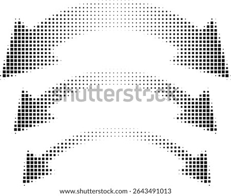 Abstract retro illustration of square halftone double sided arrows pointing left and right. Black square dot pattern, geometric arrow shapes. Minimalistic, horizontal orientation, abstract design.