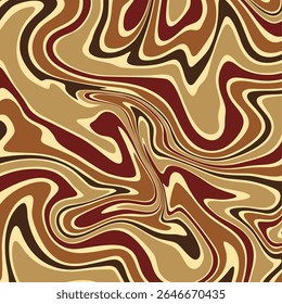 an abstract, retro inspired fluid swirl in warm earth tones, with undulating, marble like ribbons of sepia, caramel, and burgundy.
