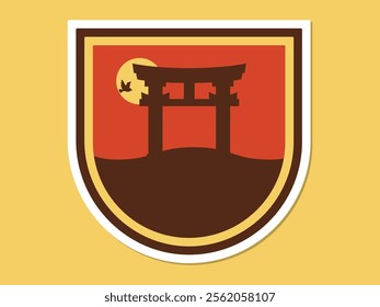 Abstract retro Japanese gate sunset background landscape flat sticker design